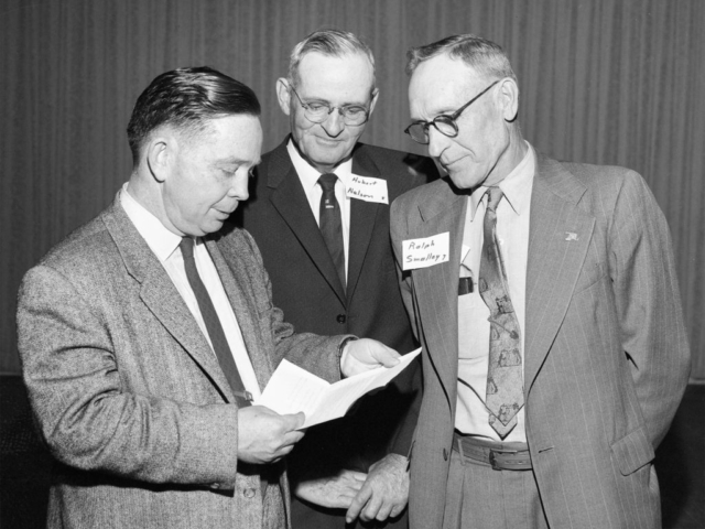Congressman Carl Albert (left) met with representatives of county Farm Bureaus in his district at a Farm-Bureau-sponsored get-together in McAlester in 1959. Albert is shown here with McCurtain County’s Hubert Nelson (center) and Pittsburg County’s Ralph Smalley.