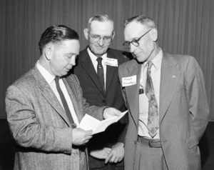 Congressman Carl Albert (left) met with representatives of county Farm Bureaus in his district at a Farm-Bureau-sponsored get-together in McAlester in 1959. Albert is shown here with McCurtain County’s Hubert Nelson (center) and Pittsburg County’s Ralph Smalley.