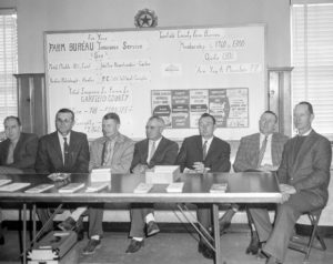 This booth was kept by the members of Garfield County Farm Bureau at a crop and soils clinic in Enid in 1960. Pencils, rulers and leaflets were given to all who passed by the booth. About 600 people attended the event.
