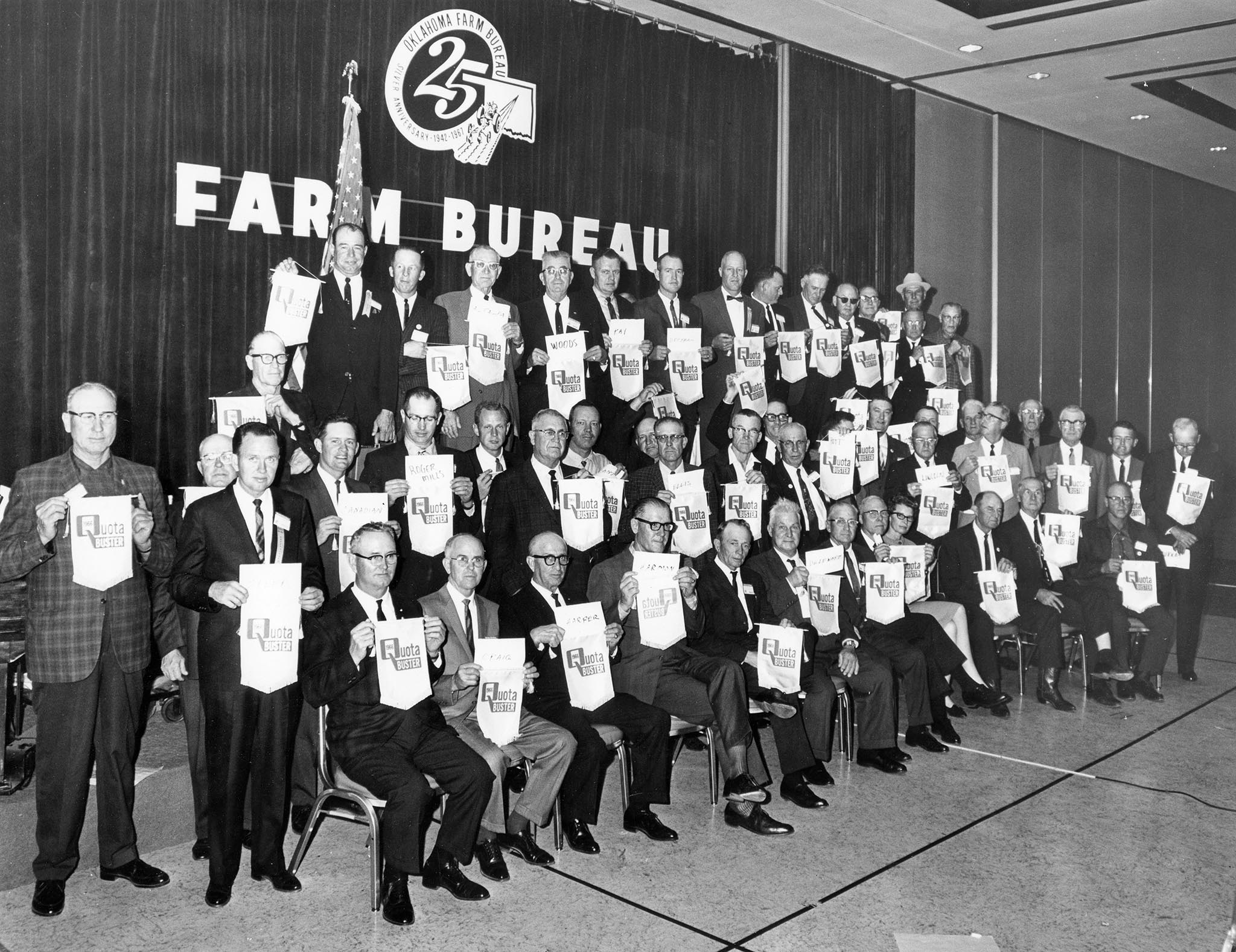 County Farm Bureaus were competitive in meeting their membership goals. Each county was encouraged to meet their county quota by renewing at least as many memberships as the previous year, plus one. Successful counties received an award at the annual Oklahoma Farm Bureau Convention. Pictured here are the 1967 “Quota Busters,” comprised of representatives from counties that made their membership quotas. A total of 70 counties reached quota in 1967, setting a new all-time high for state membership by adding 6,000 more members than the previous year.