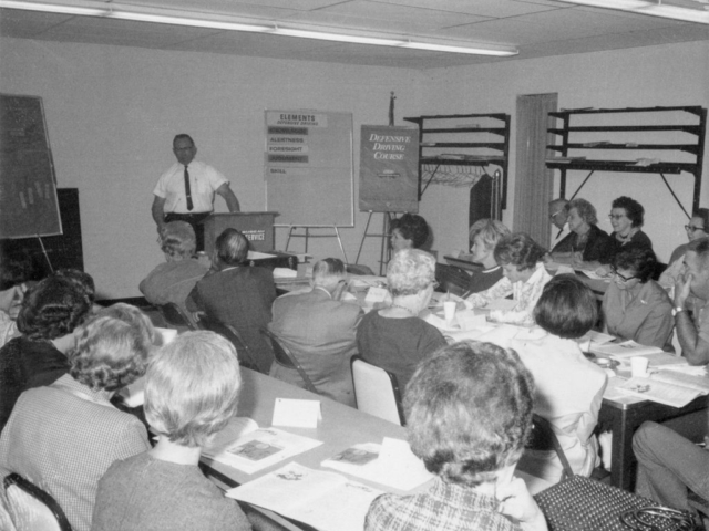 A popular OKFB Safety Service program was the defensive driving class, such as this 1968 event in Enid. Led by instructors Ted Payne and Ervin Heidebrecht, the course included methods of staying alive on the highway and the fundamentals of defensive driving.