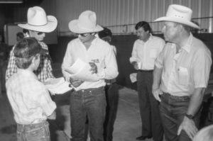 OKFB Young Farmers & Ranchers often sponsor agricultural activities and contests for youth. This photo was taken at the OKFB YF&R-sponsored Livestock Evaluation Field Day in 1986, where Texas County Farm Bureau member Jim Mayer, who also served as state YF&R chairman (center), assisted with the planning and organization of the contest.