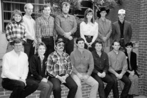 This photo features the 1992 OKFB state Young Farmers & Ranchers Committee. Back row are (left to right) Barbie Deevers from the American Farm Bureau Federation YF&R Committee, Thad Doye, Howard Bartel, Jimmy Mabry, Becky Clovis, Leross Apple and Joe Parker. Front row are (left to right) Kevin Deevers from the AFBF YF&R Committee, Jessi Farmer, Francis Parizek, Rick Clovis, Brian Lebeda, Jimmy Fruedenberger and Kelli Parker.