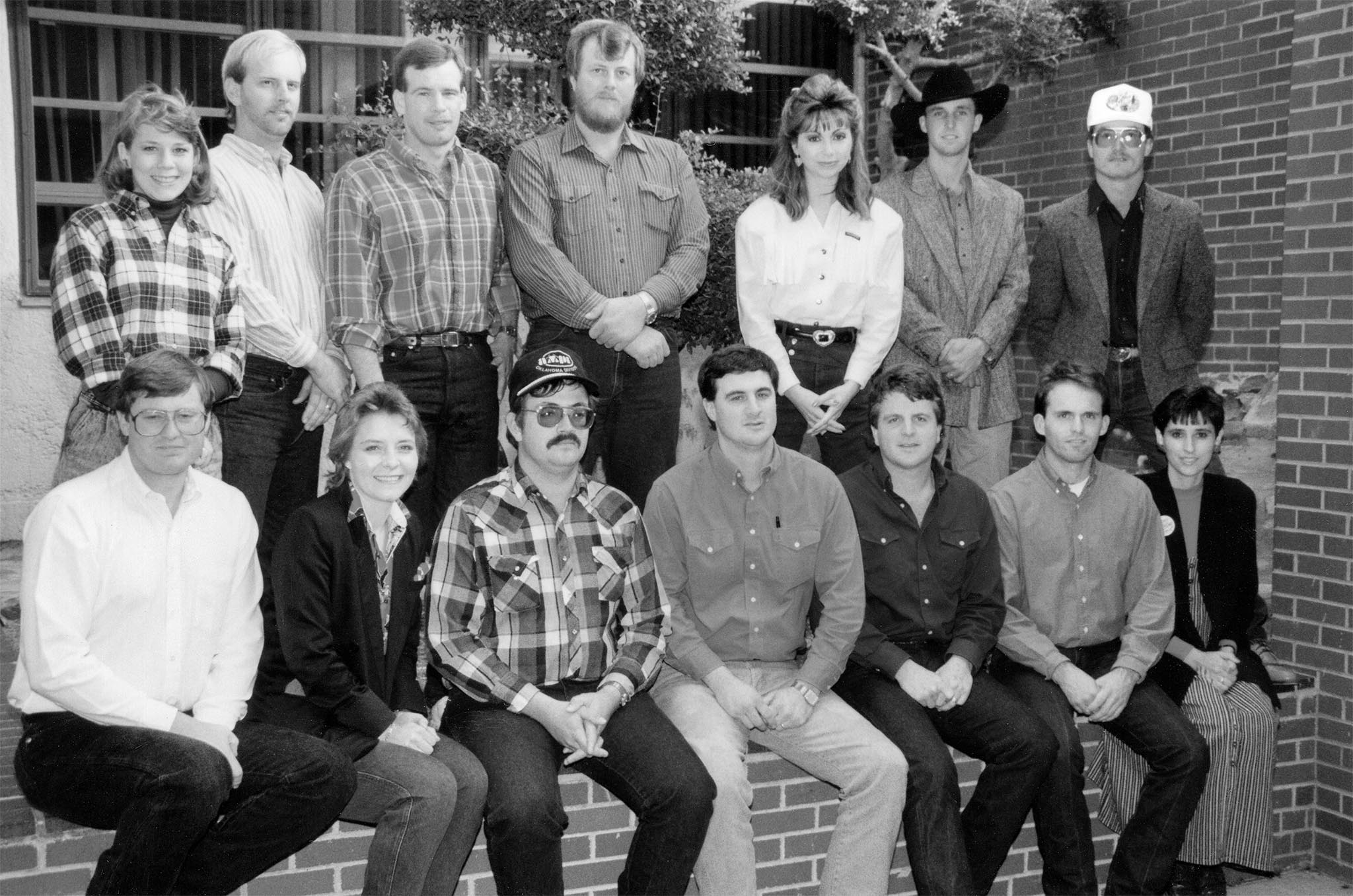 This photo features the 1992 OKFB state Young Farmers & Ranchers Committee. Back row are (left to right) Barbie Deevers from the American Farm Bureau Federation YF&R Committee, Thad Doye, Howard Bartel, Jimmy Mabry, Becky Clovis, Leross Apple and Joe Parker. Front row are (left to right) Kevin Deevers from the AFBF YF&R Committee, Jessi Farmer, Francis Parizek, Rick Clovis, Brian Lebeda, Jimmy Fruedenberger and Kelli Parker.