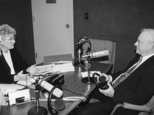 In 1993, the creation of the North American Free Trade Agreement was a hot agricultural topic. With farmers and ranchers holding a significant stake in the agreement, Oklahoma Farm Bureau President James L. Lockett chats with KTOK talk show host Carol Arnold in Oklahoma City, prior to going on the air to discuss the Farm Bureau position on NAFTA.