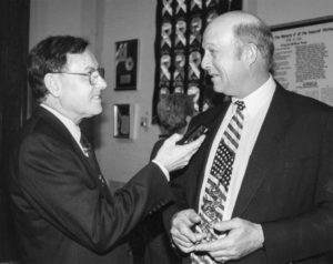 Drought was a significant concern among farmers and ranchers in the Oklahoma Panhandle in the late 1990s. Relaying the challenges the dry conditions brought, Oklahoma Farm Bureau Board Member Joe Mayer (right) spoke to the Daily Oklahoman’s Paul English at a Governor’s Press Conference in 1998. Mayer outlined current and future problems caused by the drought and how those issues would impact Oklahoma farmers and ranchers.
