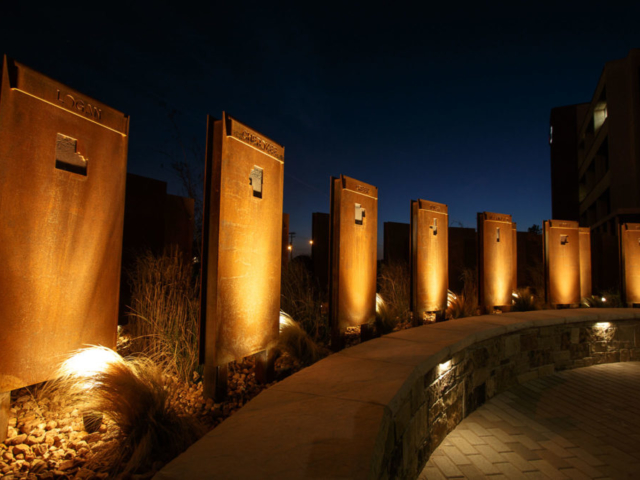 Pillars on the southwest side of the OKFB commemorative courtyard